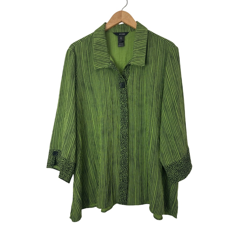 Ali Miles Green Black Artsy Tunic Top Womens 2X  Button Up Striped Geometric